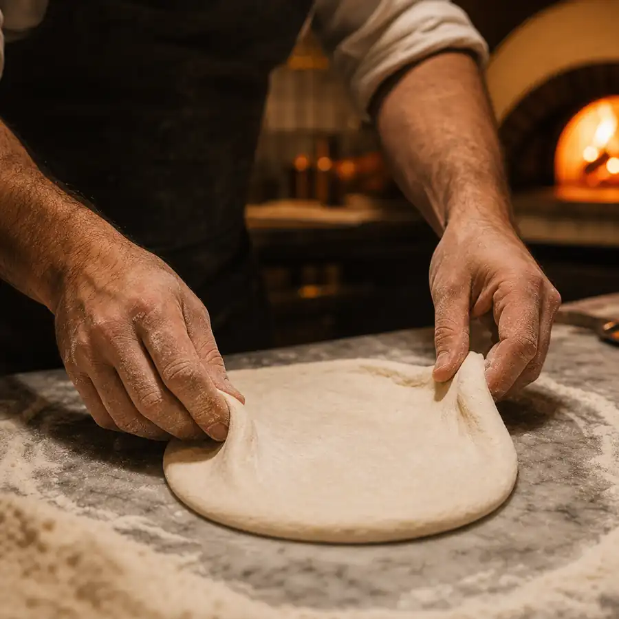 Rece pizzaiolo przy formowaniu ciasta.